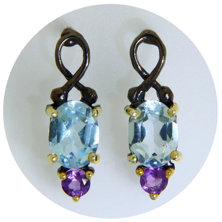 Cercei Stud Argint 925 Rodiat Negru, Topaz Natural, Ametist Natural, Contrast Modern