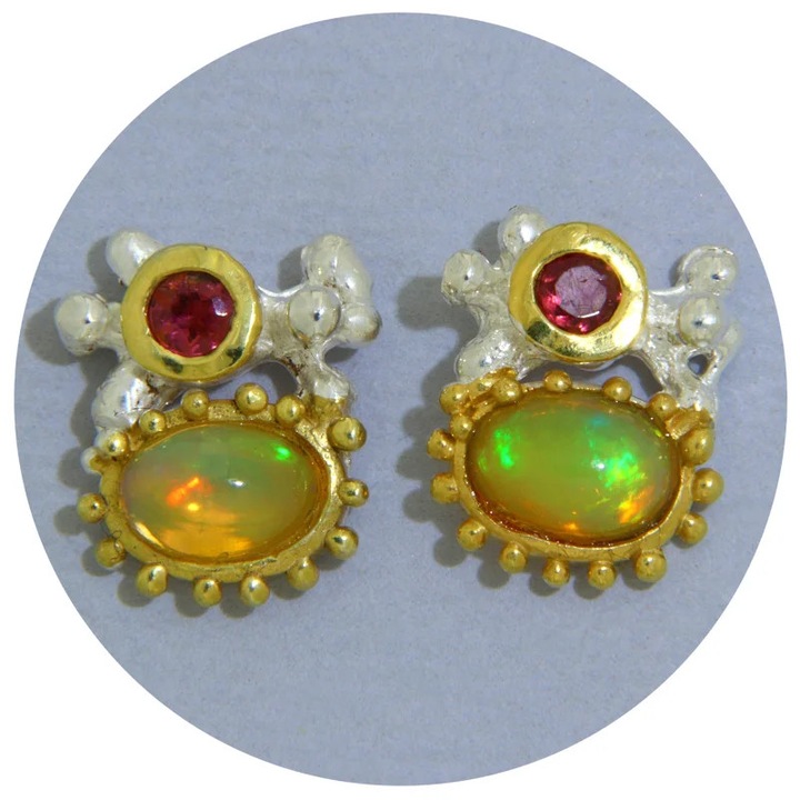Cercei Stud din Argint 925, Opal Natural, Granat Rodolit Natural, Lucrat manual