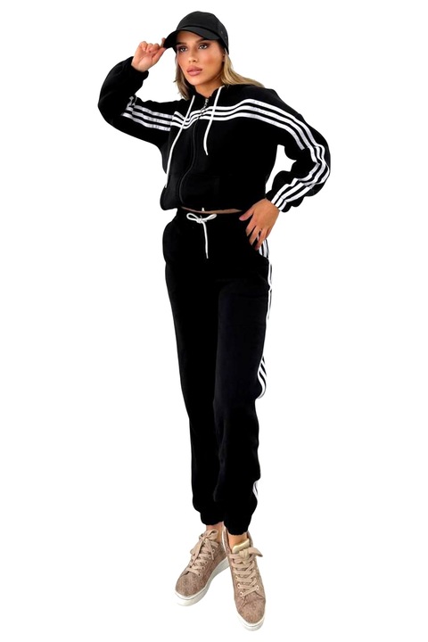 Trening vatuit VELORA, hanorac cu fermoar si pantaloni, Negru