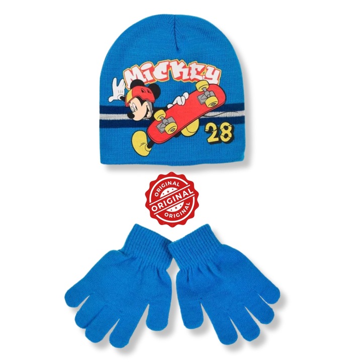 Gyerek sapka és kesztyű szett, Mickey Mouse, kék, 70 g, univerzális méret