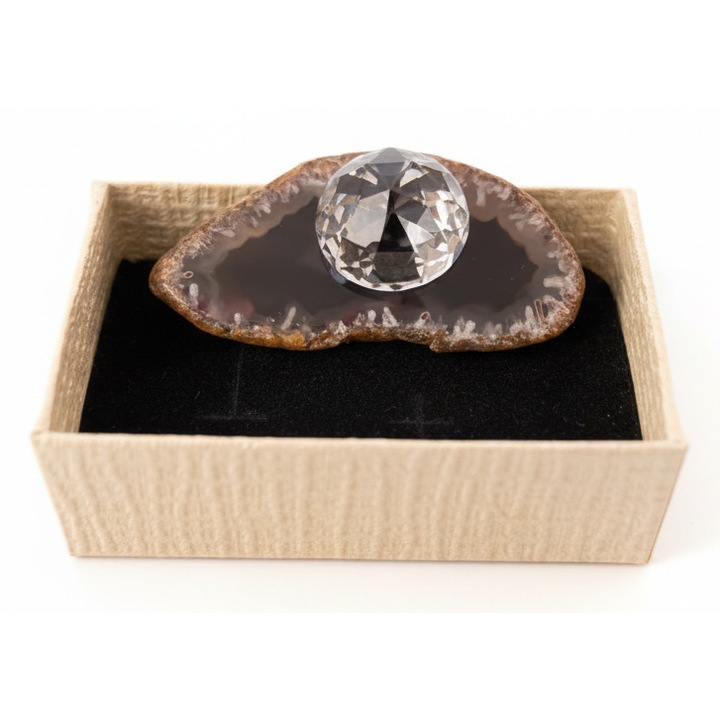 Dekoratív ékszer, Leexo, kristály természetes achát alapon, szürke/barna, 5cm x 2cm