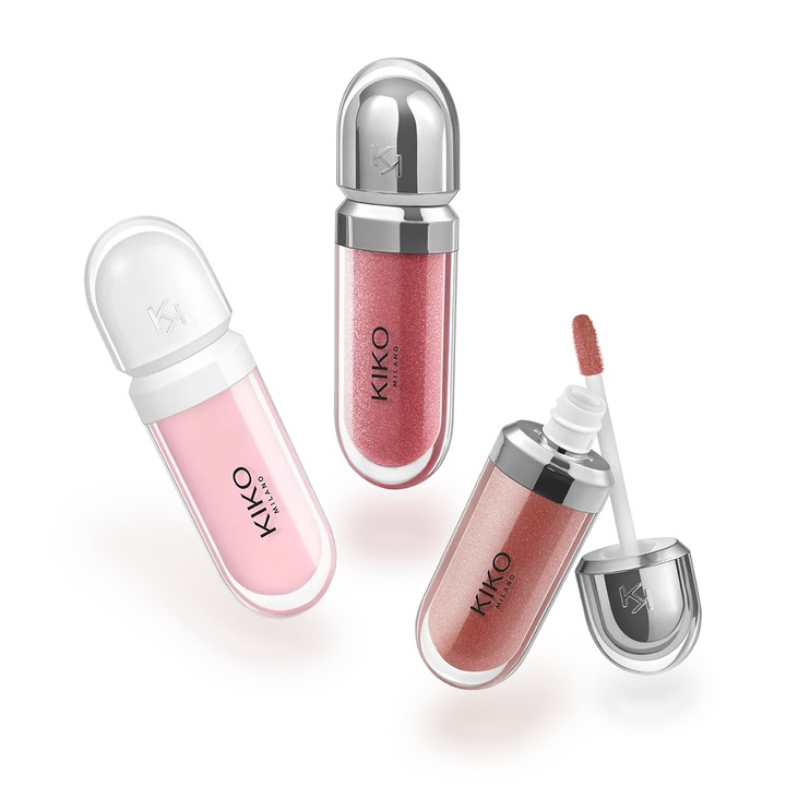 Комплект за подарък Kiko Milano Glossy Lips, 3 нюанса, 3D гланц за устни, крем за устни, многоцветен