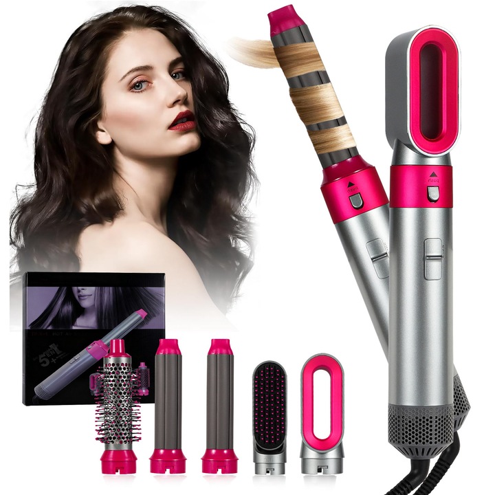 Elektromos hajformázó kefe, YOUKUKE, 7 az 1-ben, 1000W, Lila/Szürke, Hordozható, 3 Hőmérsékletfokozat, Kiegészítő készlet
