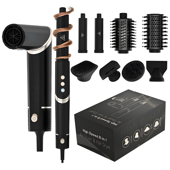 Perie Electrica Par Multifunctionala 8 in 1 ELMOSMART® HY-188, 1500 W, 3 Trepte Viteza si Temperatura, Uscator si Coafor Profesional cu Aer Cald si Rece, Tehnologie cu Ioni Negativi, Design Pliabil, Ideala pentru Ondulare, Indreptare si Coafare, Negru