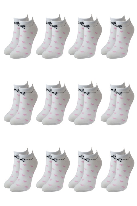 Set 12 perechi de sosete scurte fashion din bumbac pieptanat cu model si inscriptie, Overall, Inimioare, Roz