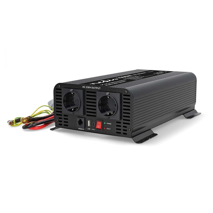 NEDIS teljesítményinverter, tiszta szinuszhullám, 1000 W, 2000 W csúcs, 24 V DC, 230 V AC, USB-A, USB-C