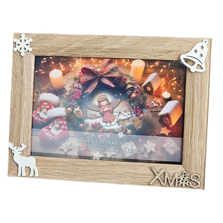 Rama foto Craciun 10x15 cm cu ornamente lemn