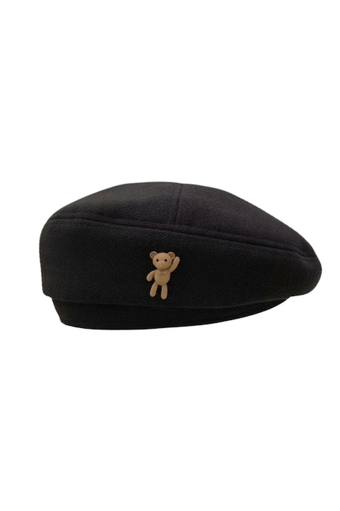 Caciula dama, tip basca, accesorizata cu ursulet cute, model elegant, tematica I love bears, marime universala, neagra, EFAYN