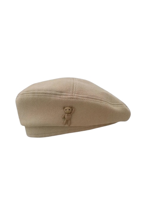 Caciula dama, tip basca, accesorizata cu ursulet cute, model elegant, tematica I love bears, marime universala, bej, EFAYN