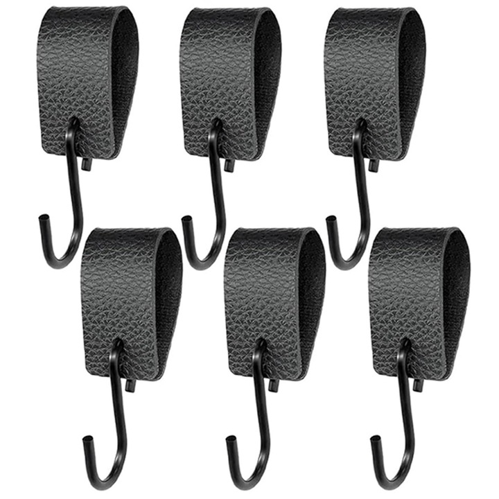 Set 6 Carlige S cu Bucla Piele, Metal, Rezistente, Umeras Haine, Bagaje, Negru