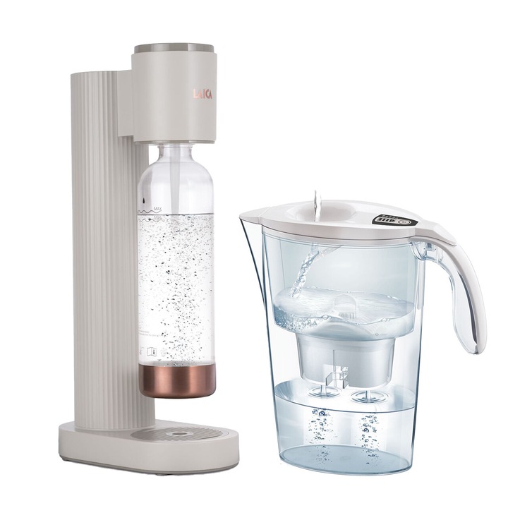 Laica Hi8200W aparat de sifon alb + LAICA J31EC03 Stream Line ulcior de filtrare a apei alb cu afisaj mecanic, cartus de filtrare bi-flux cu magneziu activ