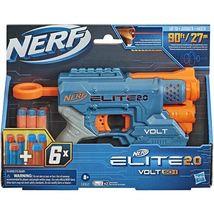 Бластер Nerf Elite 2.0 Volt SD-1, 2 тактически шини, светлинен лъч, 27м, многоцветен