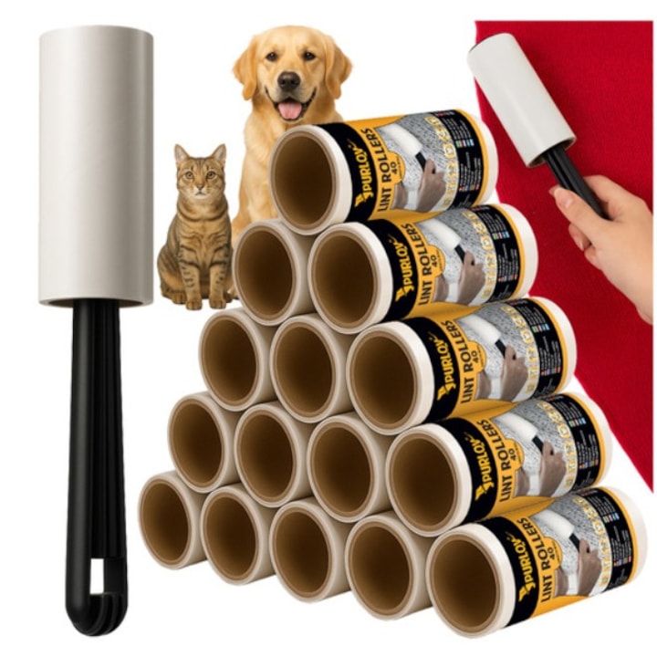 Комплект ролки за почистване на дрехи и козина на животни AB HOMES, 15 ролки с дръжка, 600 залепващи листа, за мъх, косми и прах, деликатни към тъканите
