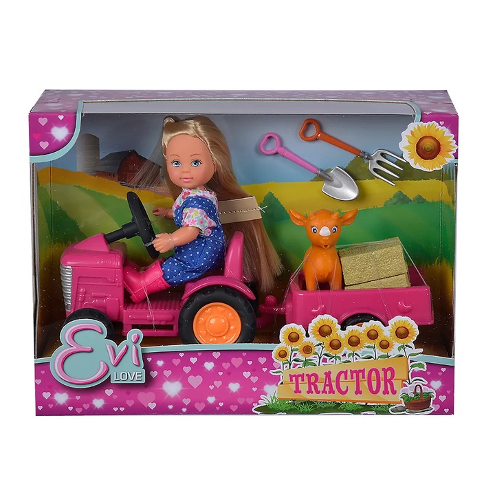Papusa Evi Love cu tractor, Simba, set cu remorca, 12cm