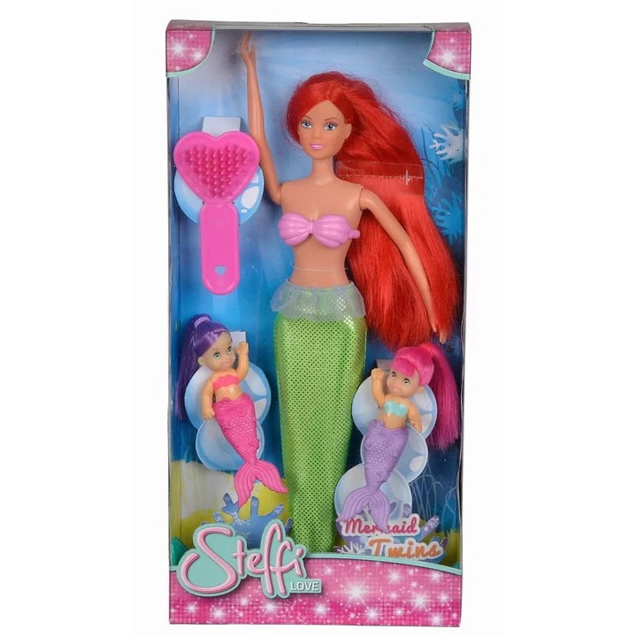 Papusa Steffi sirena, Simba, verde, cu puiuti, 36cm