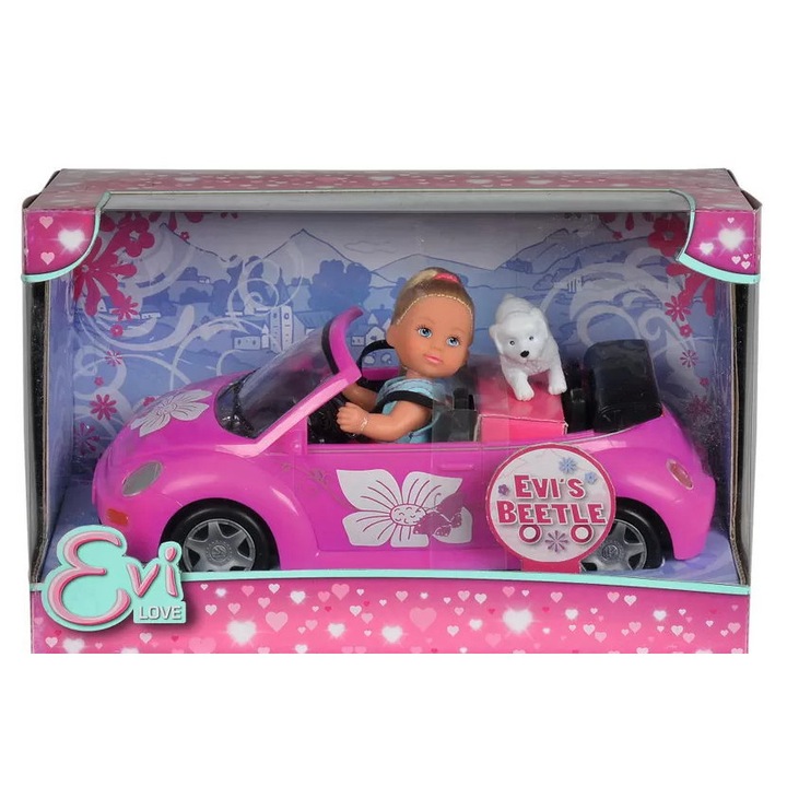 Set păpușă Evi Love cu mașină Beetle și cățel, Simba, 12cm, copii 3 ani