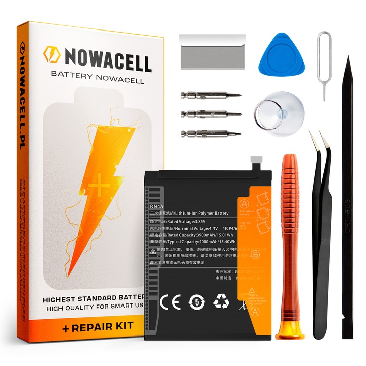 Nowacell BN4A 4000 mAh akkumulátor szerszámkészlettel Xiaomi Redmi Note 7, Redmi Note 7 Pro és Redmi Note 7S készülékekhez - kiváló minőség és egyszerű telepítés