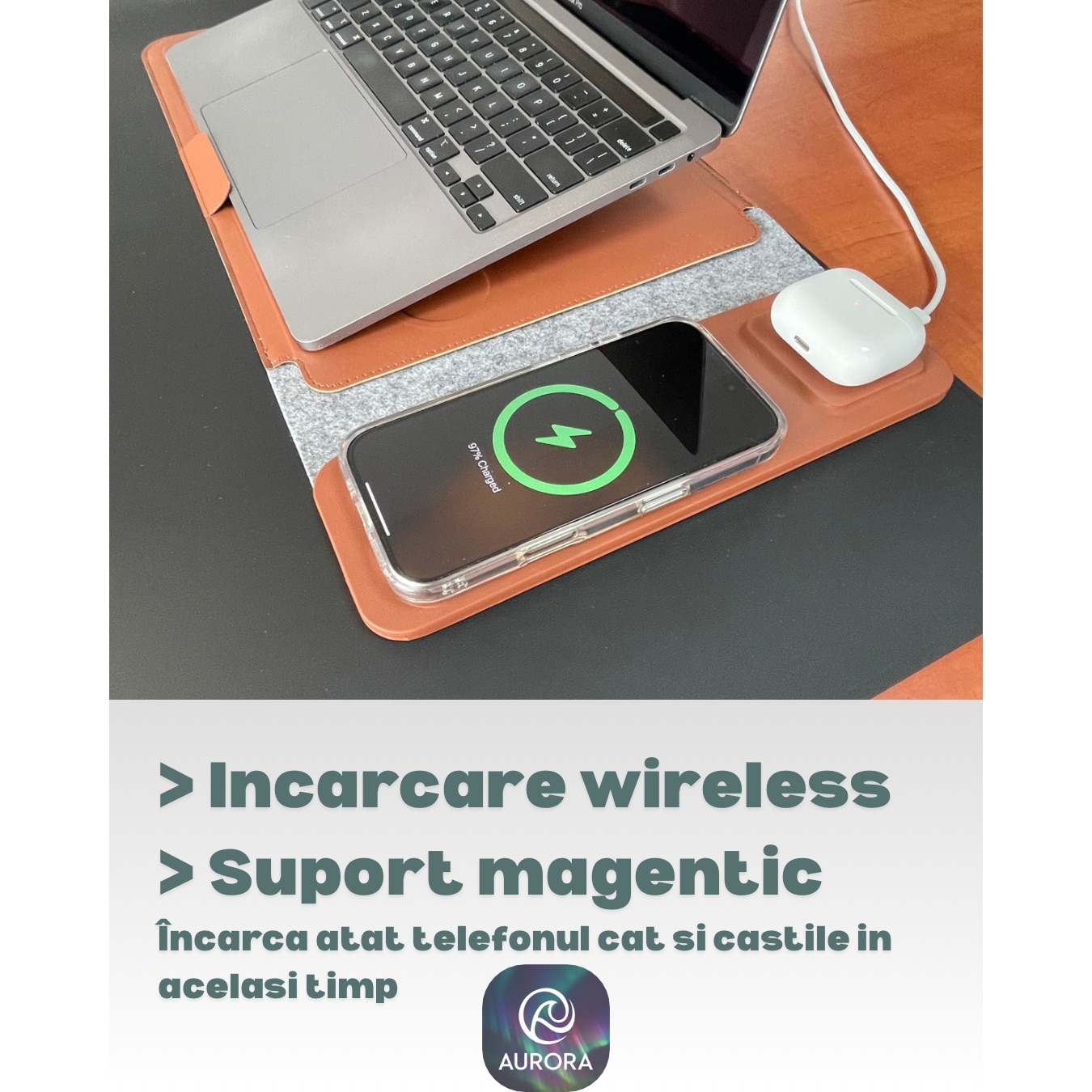 Husa Laptop 4-in-1 AURORA 13-14" cu pad incarcare Wireless MagSafe si Qi, compatibil Apple, Samsung, Huawei, Piele PU Maro, Impermeabila, Slim, Suport Ergonomic