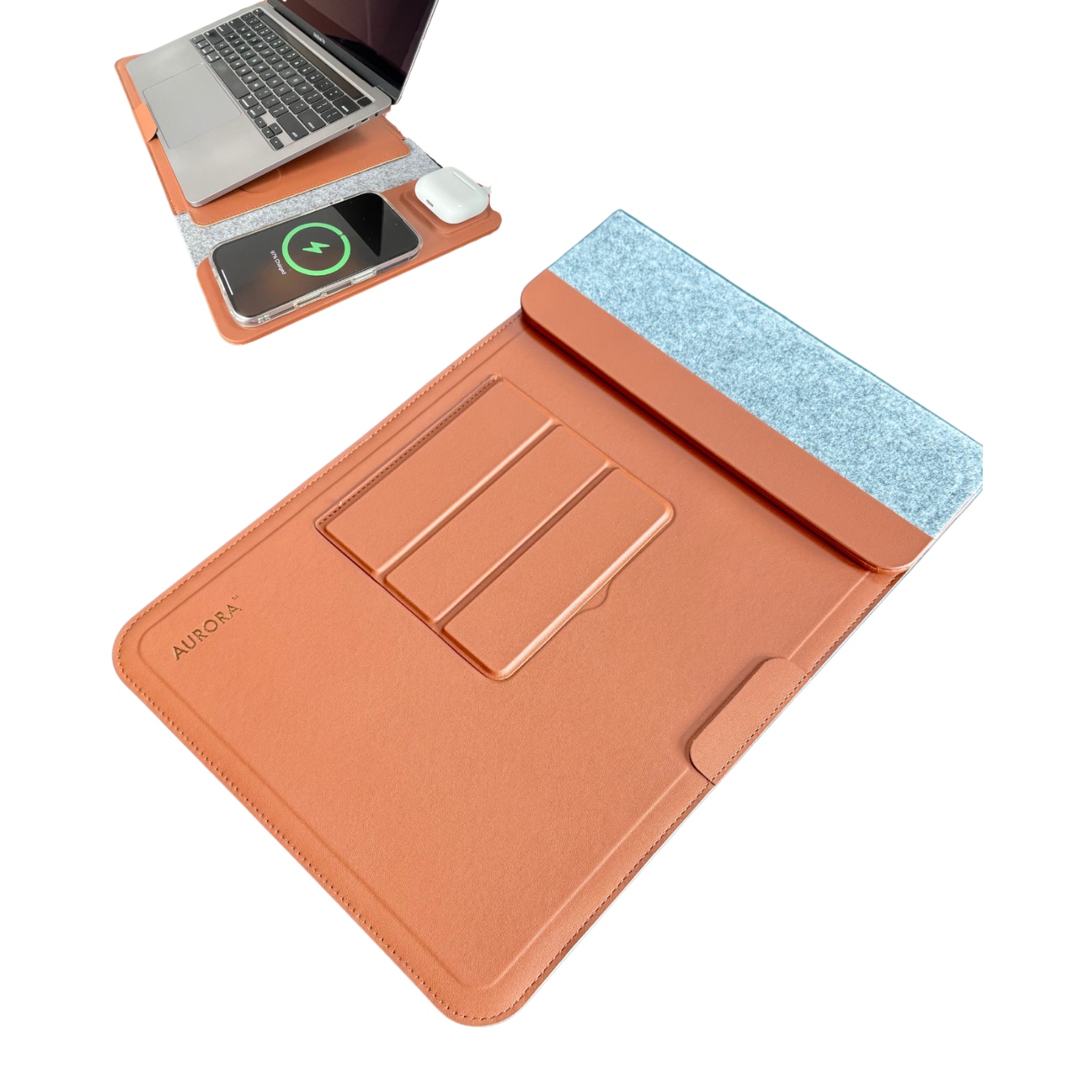 Husa Laptop 4-in-1 AURORA 13-14" cu pad incarcare Wireless MagSafe si Qi, compatibil Apple, Samsung, Huawei, Piele PU Maro, Impermeabila, Slim, Suport Ergonomic