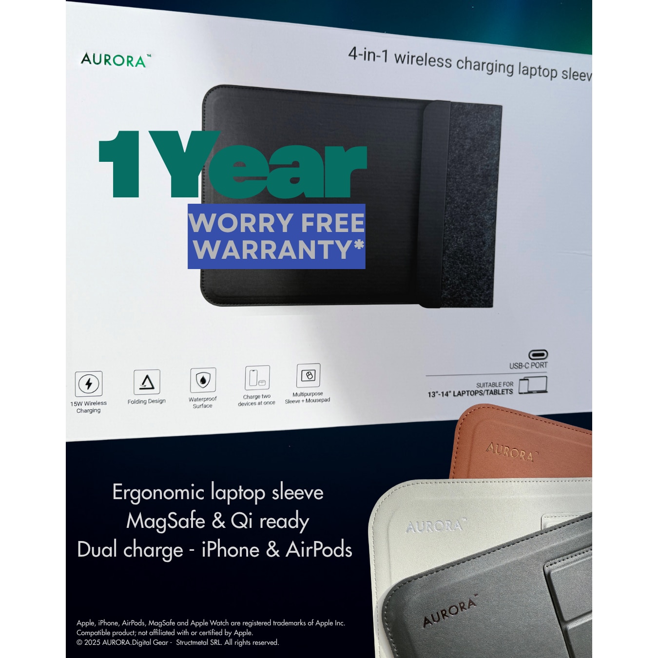 Husa Laptop 4-in-1 AURORA 13-14" cu pad incarcare Wireless MagSafe si Qi, compatibil Apple, Samsung, Huawei, Piele PU Maro, Impermeabila, Slim, Suport Ergonomic