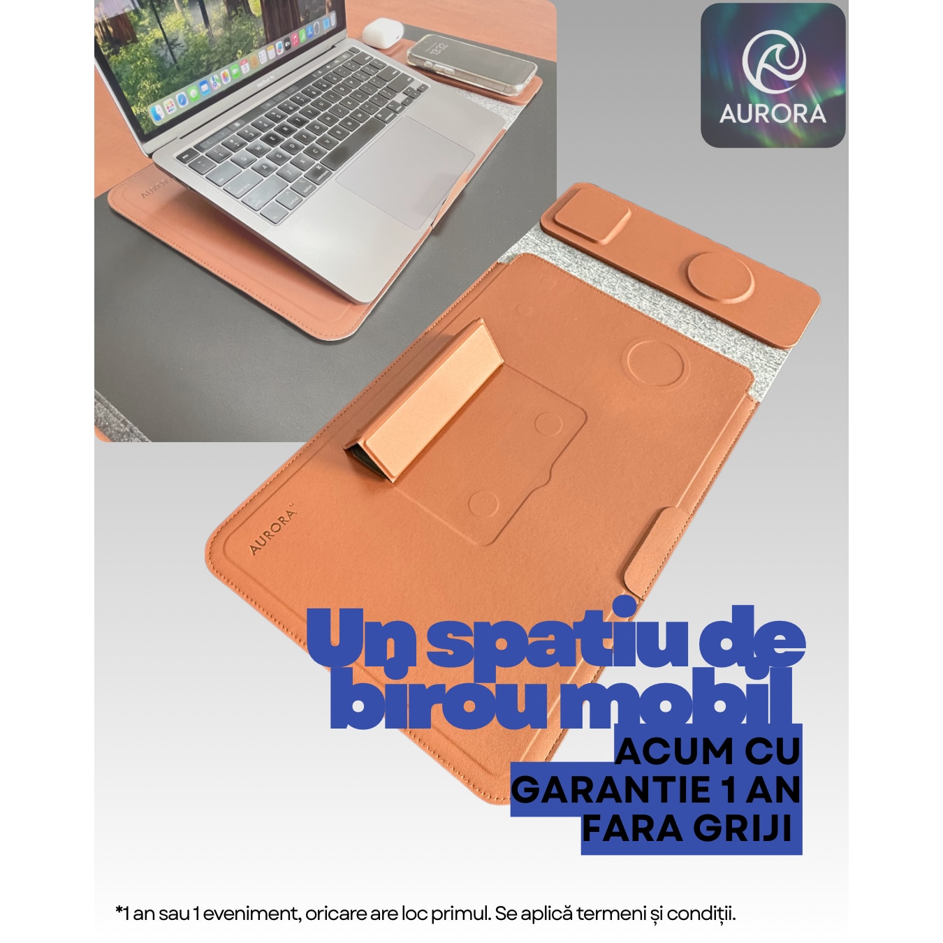 Husa Laptop 4-in-1 AURORA 13-14" cu pad incarcare Wireless MagSafe si Qi, compatibil Apple, Samsung, Huawei, Piele PU Maro, Impermeabila, Slim, Suport Ergonomic