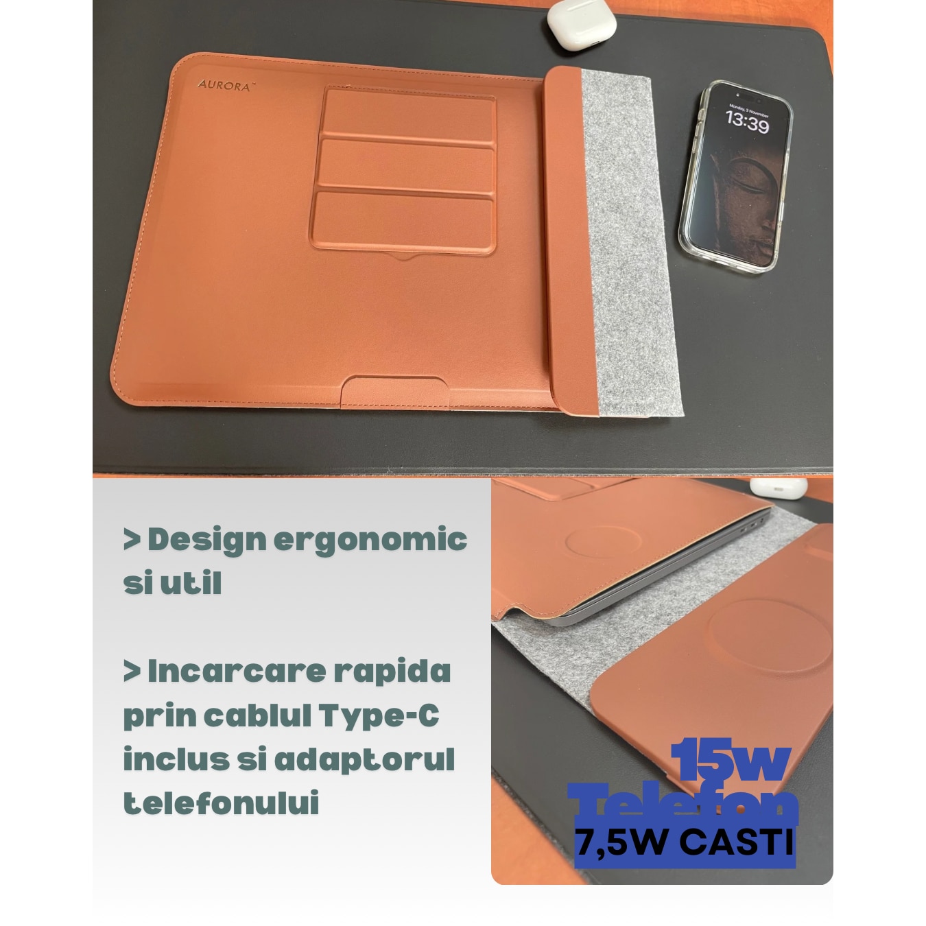 Husa Laptop 4-in-1 AURORA 13-14" cu pad incarcare Wireless MagSafe si Qi, compatibil Apple, Samsung, Huawei, Piele PU Maro, Impermeabila, Slim, Suport Ergonomic