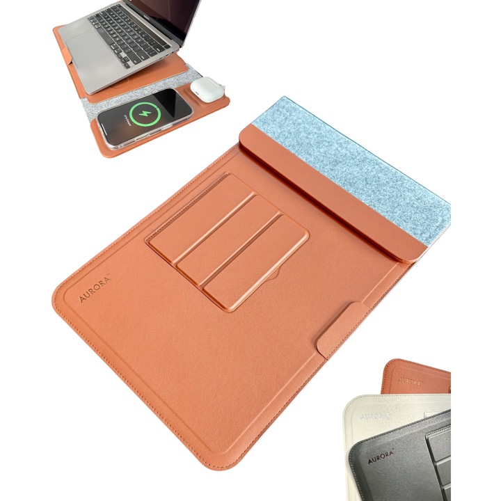 Husa Laptop 4-in-1 AURORA 15-16", PU bőr barna, vízálló, vékony, vezeték nélküli töltővel, ergonomikus állvánnyal