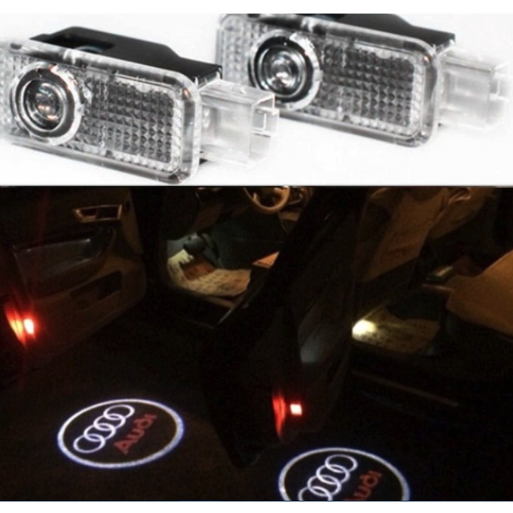 Set 2 Lampi Portiere Auto, lumixauto Compatibile Audi A3, A4, A5, A6, A7, Q3, Q5, Q7, Lampi Usi Auto Cu Logo Proiectie Tip Holograma, Tehnologie LED, Instalare Plug & Play, Lumina Clara Si Vizibila