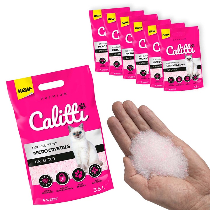 Asternut igienic pentru pisici, Calitti, micro cristale de silicat, antibacterian, 22, 8 L, set 6 saci
