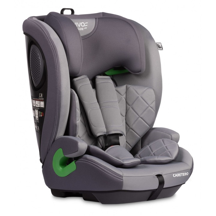 Scaun auto copii Caretero Vivo Grey i-Size 76-150 cm, certificat R129/03, tetiera reglabila, husa detasabila, centuri cu pernute moi, pernuta reductor inclusa