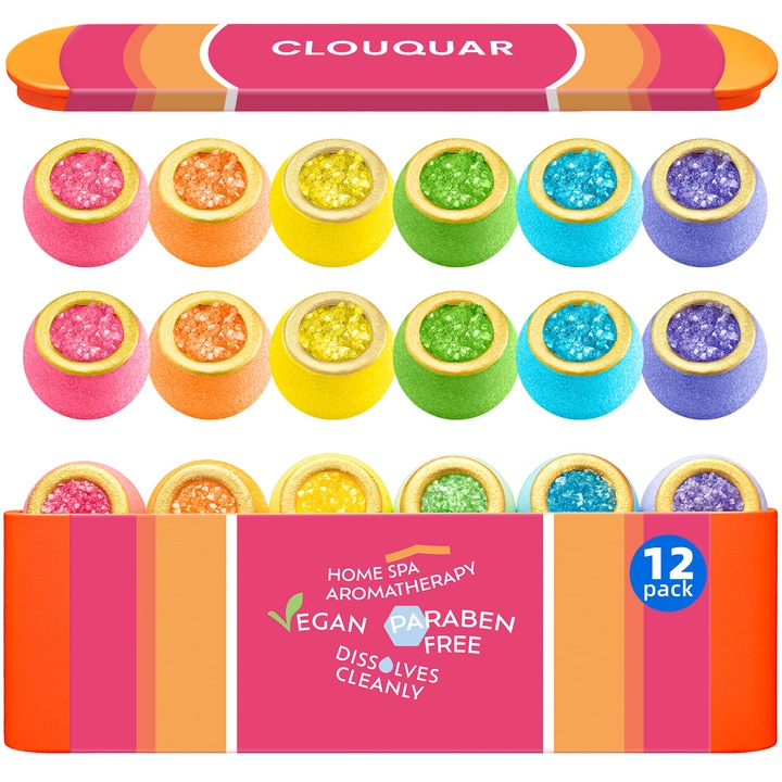 Set cadou cu bombe de baie din cristal – pachet de 12 cu 6 arome naturale, bombe de dus organice cu saruri de baie hranitoare, balsam de dus cu bule pentru ameliorarea stresului, cadouri de ingrijire personala pentru femei, mama, sotie si fiica