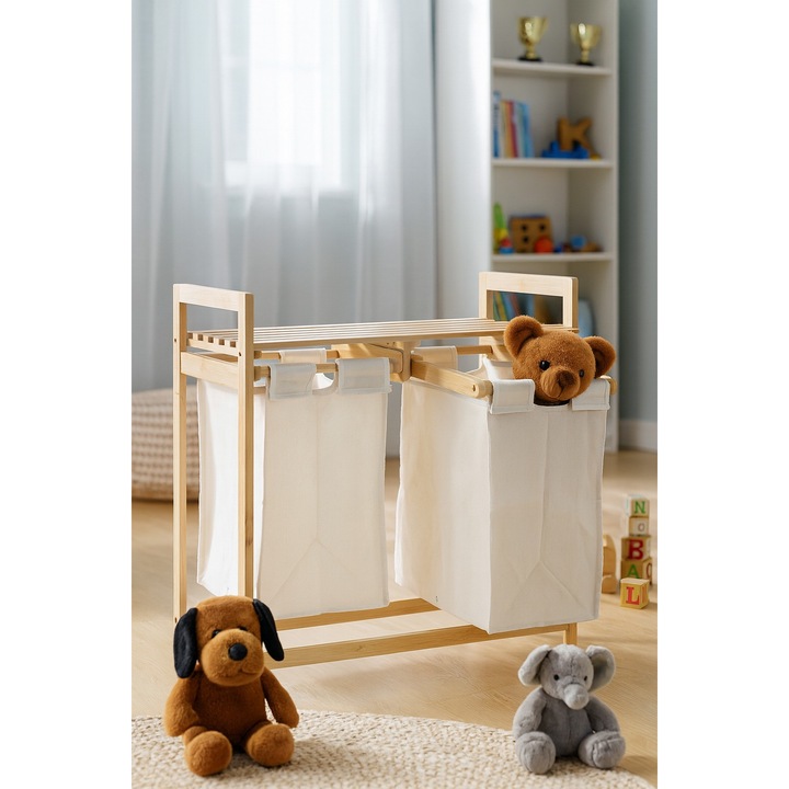 Raft din bambus cu 2 coșuri detasabile, 64x33x73cm, culoare bambus natural