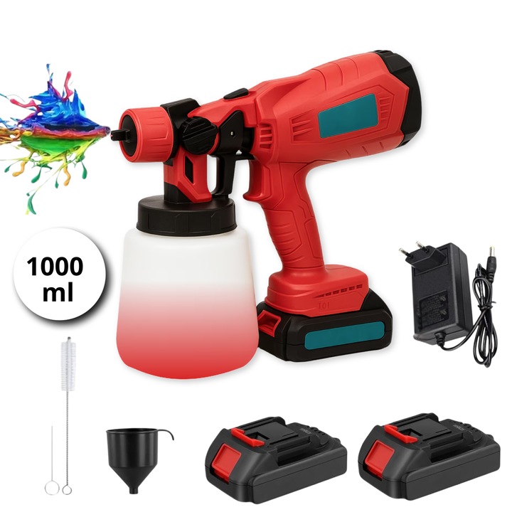 Pistol de vopsit electric fara fir, capacitate 1000 ml, LuckyLu®, duza rotativa, 3 moduri de pulverizare, 2 acumulatori de 48V, rosu
