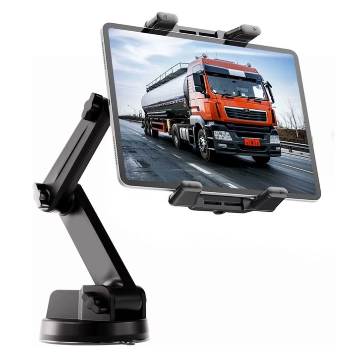 Autós tablet tartó EtuiTab, műszerfalra vagy szélvédőre szerelhető, 360°-ban forgatható, 4-13 hüvelykes készülékekkel kompatibilis, 12x24,6 cm