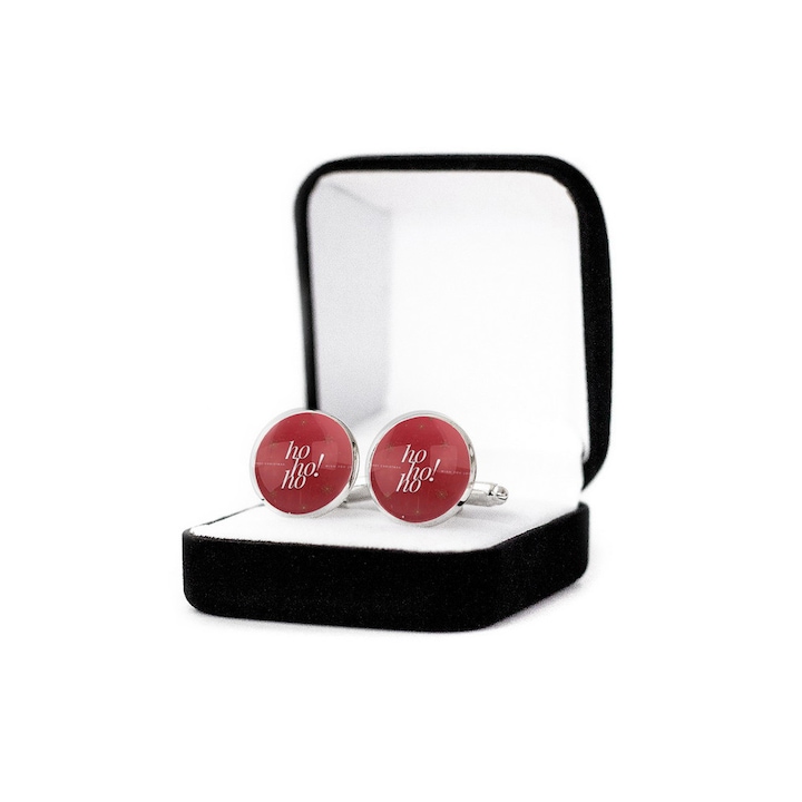 Butoni Camasa Barbati Craciun „HO, HO” – Model Festiv, Diametru 16 mm, cu Cutie de Catifea, Accesoriu Elegant pentru Sarbatori