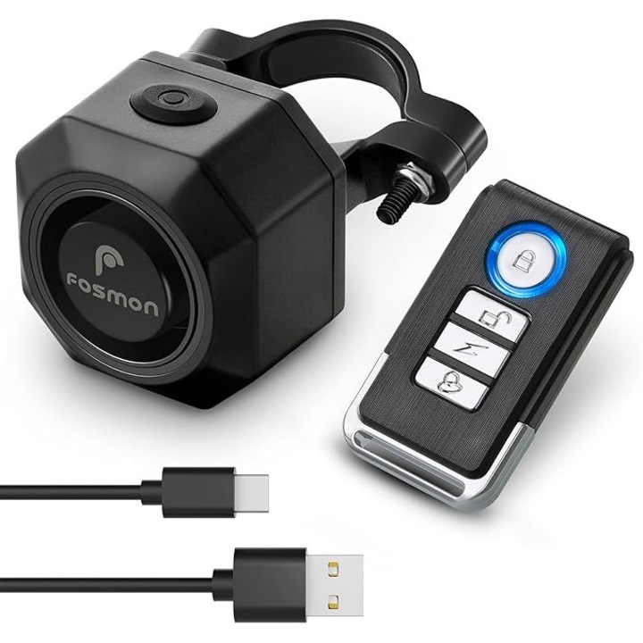 Fosmon – Sistem de alarma pentru bicicleta cu telecomanda – wireless, USB-C, protectie antifurt cu senzor de vibratii, alarma pentru biciclete, trotinete si scutere