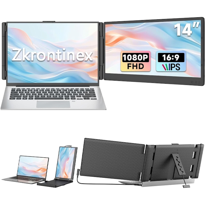 Разширение с двоен екран, Zkrontinex, 14" FHD 1080P, Преносимо, Plug n Play