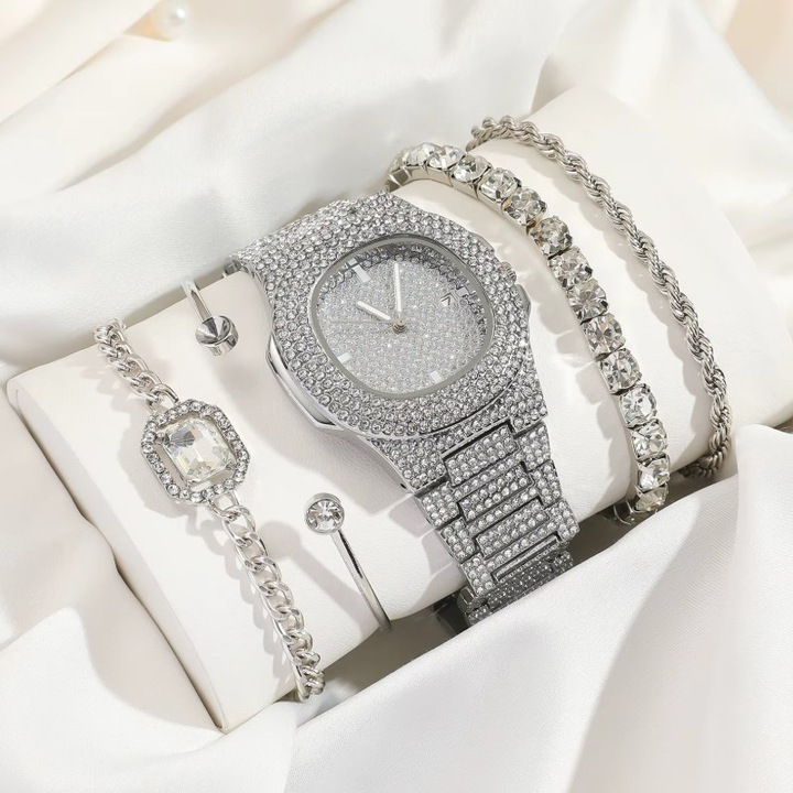 Комплект Часовник и 4 Елегантни Гривни, Модел Брилянт, Кристали цирконий, Жени, Метал, Сребрист
