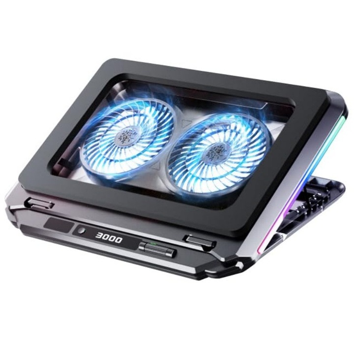 Racitor pentru laptop cu aer comprimat cu doua turbine Afisaj digital 10 moduri de iluminare RGB pentru jocuri Reglare multiunghiulara Disipare eficienta a caldurii pe toata suprafata Potrivit pentru toate modelele de laptopuri