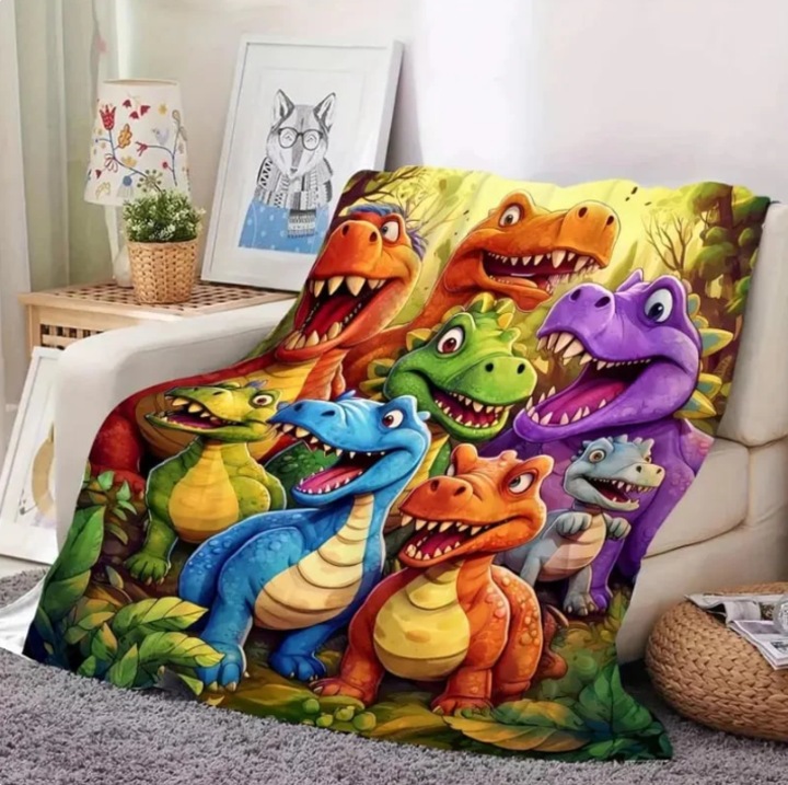 Patura de flanel cu un design cu dinozauri zambitori, potrivita pentru copii, cadou de Craciun, 150*200CM