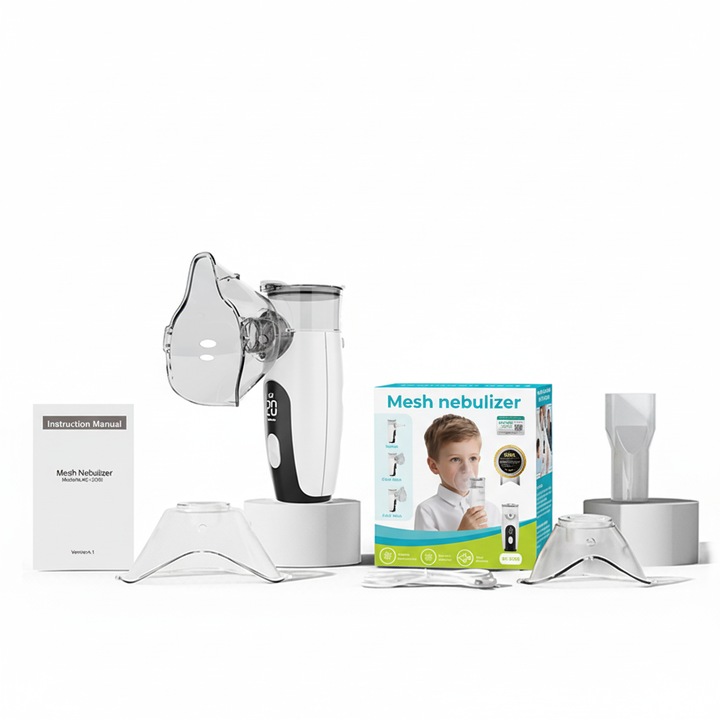 Aparat Aerosoli Portabil TITECH™, Nebulizator Mesh Ultrasonic, Digital Display, Functie de Timp si 3 Trepte de Reglar