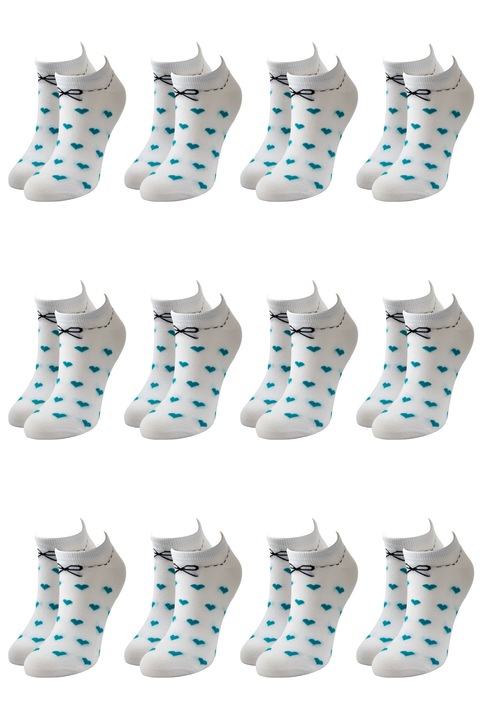 Set 12 perechi de sosete scurte fashion din bumbac pieptanat cu model si inscriptie, Overall, Inimioare, Turcoaz