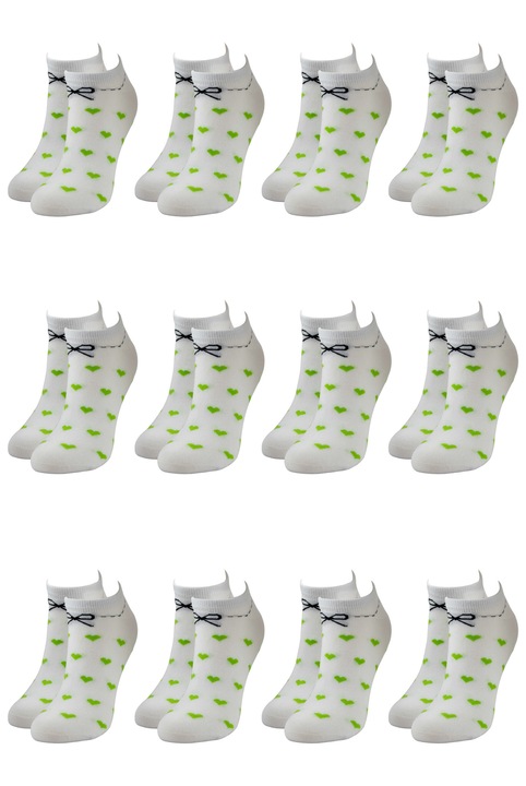 Set 12 perechi de sosete scurte fashion din bumbac pieptanat cu model si inscriptie, Overall, Inimioare, Verde deschis