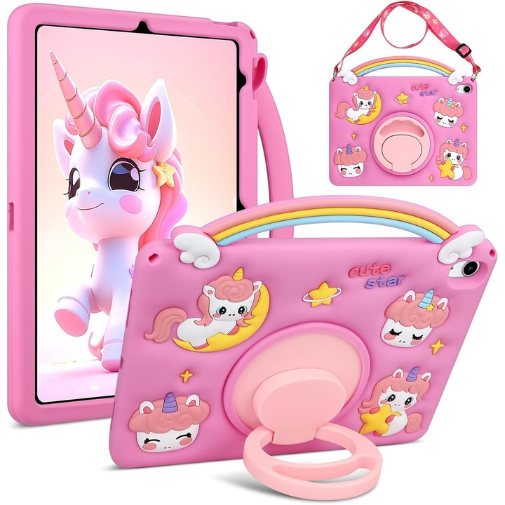Husa de protectie pentru iPad A16 11 generatia 11 inch 2025- Unicorn 3D roz, din silicon, rezistenta la socuri, cu suport rotativ, curea de umar, pentru fete
