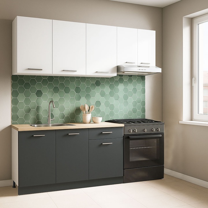 Set mobilier bucatarie cu soft-close, BadenMob Germania, 180cm, corpuri inalte, blat gros, Antracit/Alb