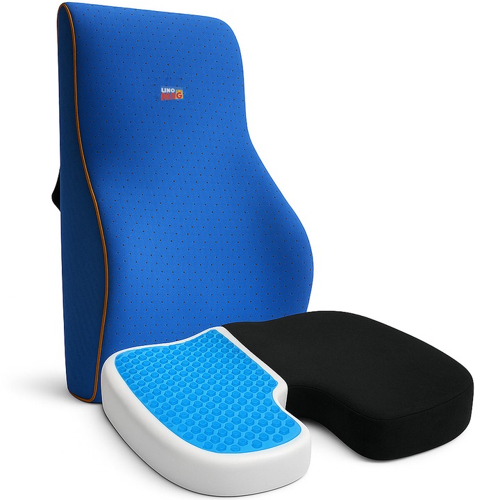 Set 2 Perne Ortopedice Linomag®, Perna Ortopedica pentru Sezut cu Spuma cu Memorie si Gel Racoritor + Perna Lombara Completa, Pentru Scaun de Birou sau Masina, Negru/Albastru