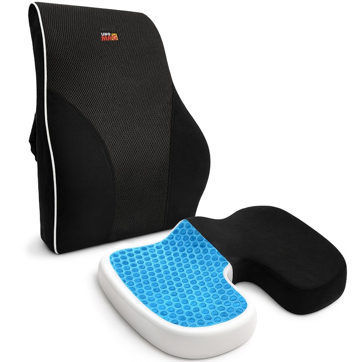 Set 2 Perne Ortopedice Linomag®, Perna Ortopedica pentru Sezut cu Spuma cu Memorie si Gel Racoritor + Perna Lombara Completa, Pentru Scaun de Birou sau Masina, Negru
