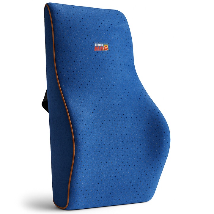 Perna lombara completa pentru scaun de birou sau masina, Linomag®, Spuma cu memorie, Albastru, 45 x 38 x 12cm