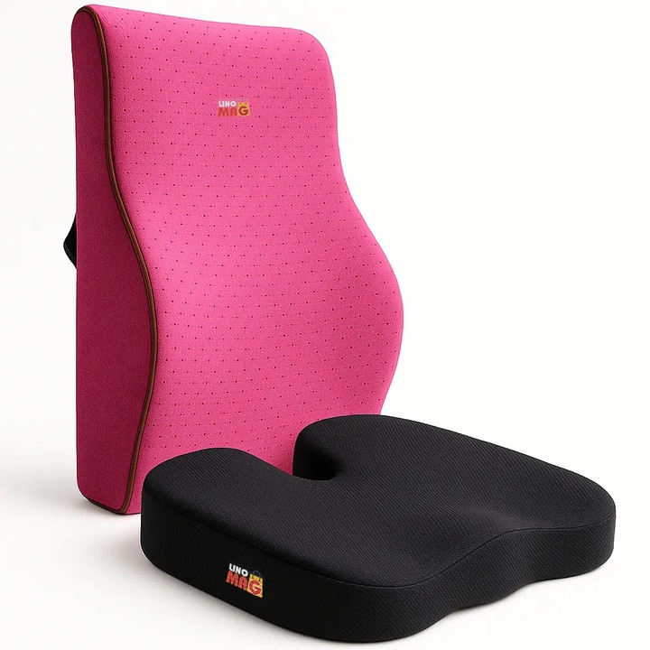 Комплект 2 ортопедични възглавници Linomag, Пълна лумбална възглавница & Възглавница за сядане от мемори пяна, Поддръжка за опашната кост & Пълен лумбален супорт, Черен/Розов