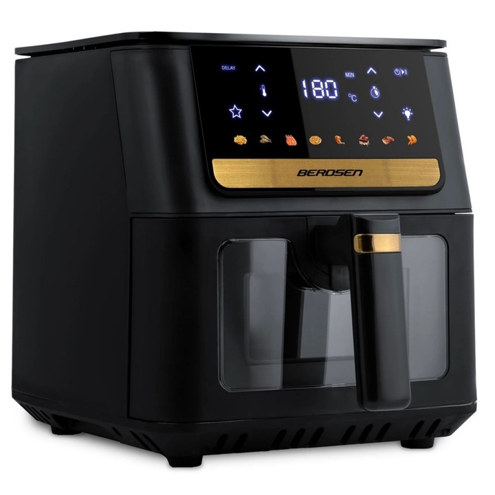 Friteuza cu aer, tava acoperita cu strat antiaderent din PTFE, maner rece la atingere, protectie la supraincalzire, oprire automata, 8 programe, ecran tactil, 1700 W, 6, 5 l, negru si auriu